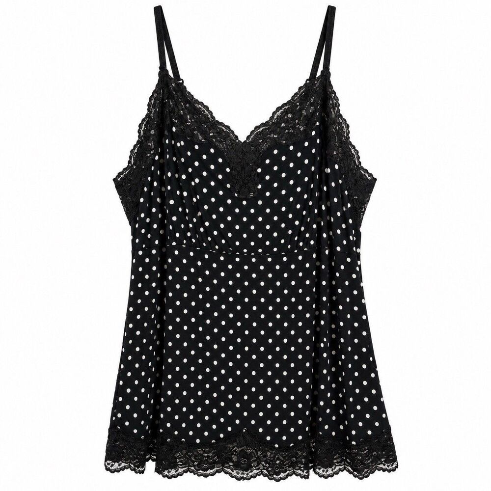 Lane Bryant Womens 22/24 Black White Polka Dot Lace Sleep Chemise Cami Plus